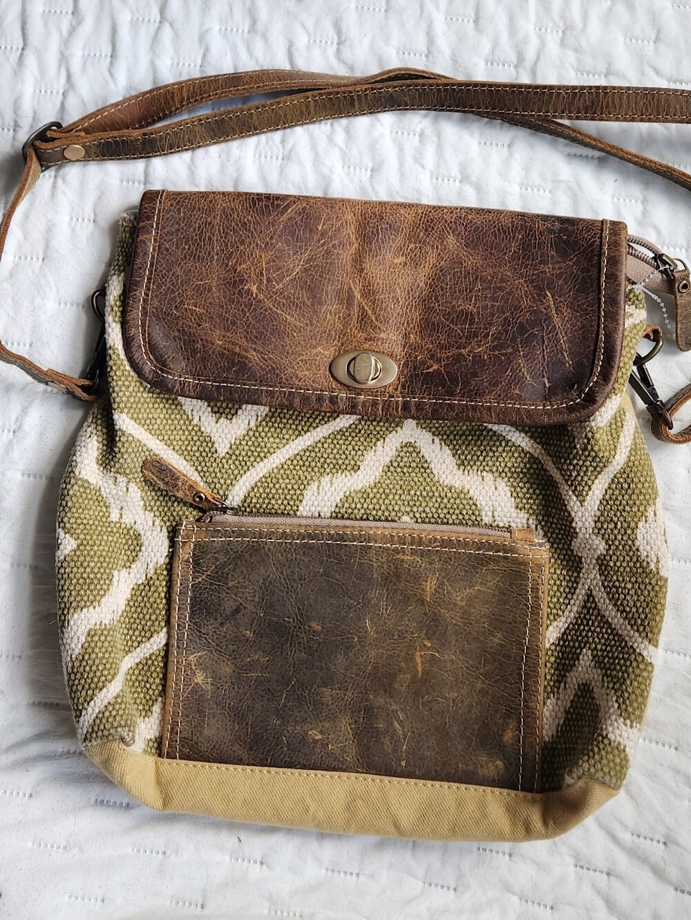 Brown Leather & Olive Geometric Crossbody Bag